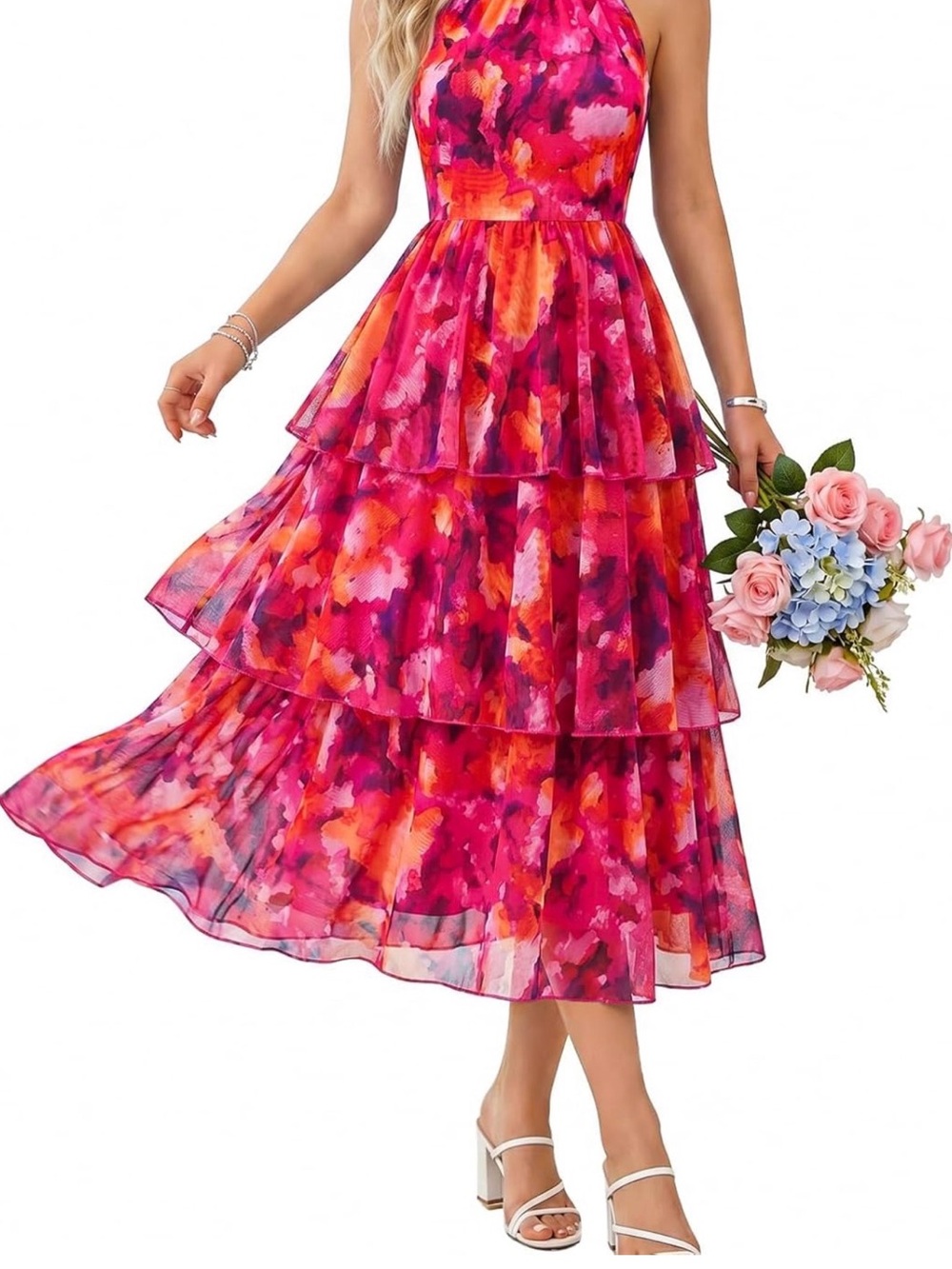 Sleeveless Pink & Orange Tiered Floral Dress
